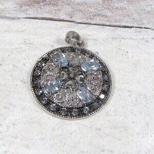 Sterling Silver Filigree Swirl heart Medallion Pendant Blue White Topaz 925 RSE